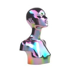 Beautiful cyber woman chrome sculpture bust from liquid holographic metal full head Y2K style transparent png. Generative Ai