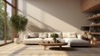 © Muzaffer Stock - Modern interior design of living room with white sofa, coffee table, soft stucco wall. Created with generative AI.