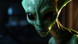 Alien or little green man portrait which is an extra-terrestrial creature from outer space arriving on a UFO spaceship and often used as a Halloween subject, computer Generative AI stock illustration 