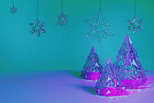 Digital Distorted Interlaced Christmas Trees On Abstract Futuristic Cyberpunk Background With Motion Glitch Effect. Retro Futurism, Cyber Xmas Vaporwave Design, Rave 80s 90s Aesthetic, Copy Space