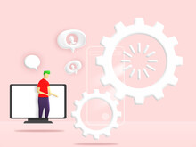 Man In Laptop Screen Discussing With Hands Job Details With Gear Loading, Mobile Phone Transparent, Speech Bubble People Background. Communication And Working Mechanism. Illustration 3D Conversation 