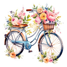 Cute Watercolor Bicycle With Flowers. Illustration AI Generative.