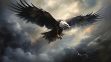 Eagle Flying With It's Wings Open In Sky In A Dramatic Setting. Eagle, American Bald Eagle, Wings. Created With Generative AI Technology. 