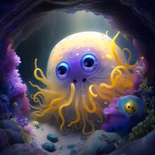 Happy Alien Yellow Jellyfish Eye Stalks Blue Tentacles Purple Magic Cave 