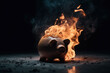 Piggy bank burns on a dark background, money saving concept, AI Generated