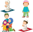 Vector illustration of Muslim children and family praying against a white background