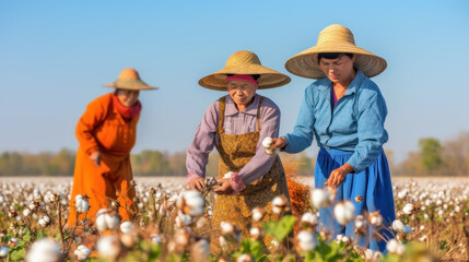 Wall Mural - Elderly women harvest cotton in the field. Agricultural industry. Concept of a hard handwork in the countryside. Generative AI