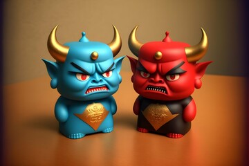 Create two Japanese demons oni for the Setsubun festival they must be 2 units the same size and placed on a wooden table The 2 demons have different colors one in blue and the other in red with 