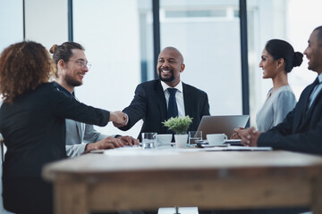 Poster - Hand shake, business meeting and people or manager partnership, lawyer agreement and thank you, success or deal. Corporate woman, clients or employees shaking hands in thanks, negotiation or law firm