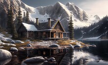 AI Generated Illustration Of An Old Wooden Cabin At The Shore Of A Lake On Background Of Snowy Hills