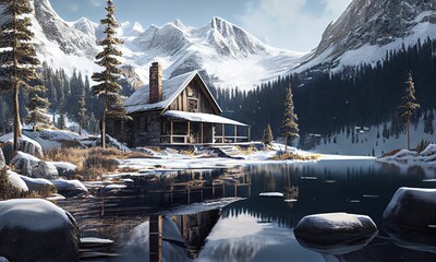 AI generated illustration of a picturesque log cabin situated on shore of a tranquil lake in winter