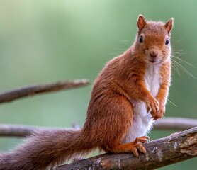 Wall Mural - Red squirrel perched on a branch of a tree, looking off into the distance