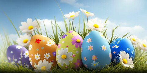 Wall Mural - Colorful decorative Easter eggs and flowers in the grass on blue sky background