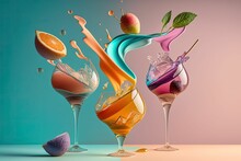 AI Generated Illustration Of A Variety Of Glasses Of Cocktails Arranged On Blue And Pink Background
