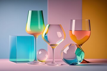 Canvas Print - AI generated illustration of a variety of glasses of cocktails arranged on blue and pink background