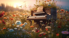 Old Piano In Flowers And Set In A Grassy Field