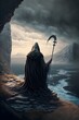 Grim Reaper meditating on a serene cliff side 
