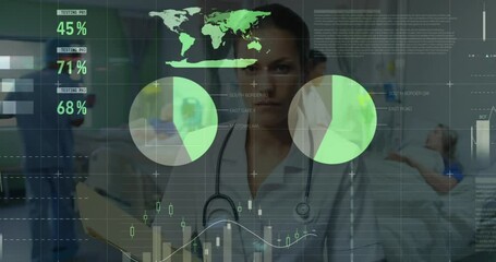 Wall Mural - Animation of infographic interface over caucasian female doctor standing in operation theater