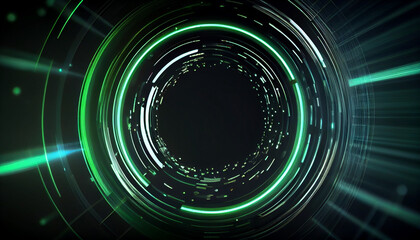 Abstract futuristic background with green blue glowing neon moving high speed round round lines and bokeh lights. Data transfer concept Fantastic wallpaper Ai generated image