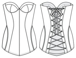 Wall Mural - Back Lace Up Corset with Cup Bra, Victorian Corset Front and Back View. Fashion Flat Sketch Vector Illustration, CAD, Technical Drawing, Flat Drawing, Template, Mockup.