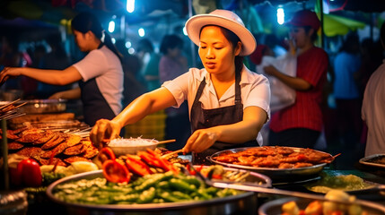 Vendor selling street food at night in local market, south-east asia travel, blogger, local life 