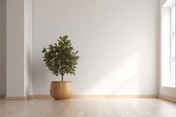 Interior design of a contemporary empty room with a lovely flower in a white pot. Generative AI