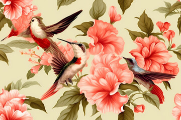  Pattern of hummingbirds on a branch with yellow background in vintage style