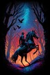 Headless horseman rides black stallion through psychedelic forest of sleepy hollow 