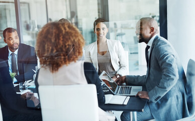 Wall Mural - business people, meeting and office for corporate group with smile, negotiation or agreement for bud