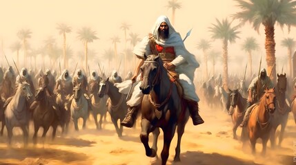 Wall Mural - ancient arab background design, moments soldiers arabian before entering the battleground