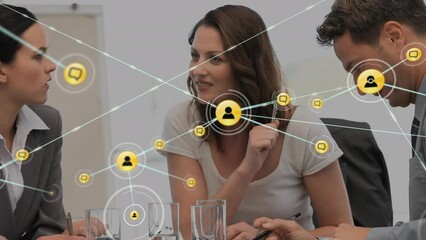 Sticker - Animation of network of connections over caucasian business people in office