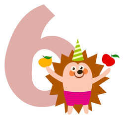 Canvas Print - Cute hedgehog with six number. Kid birthday decoration