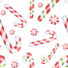 Watercolor Christmas Seamless Pattern With Candy Cane Illustration. New Year Hand Painting Lollipop Isolated On White Background. For Designers, Food Decoration, Menu, Shop, Fo