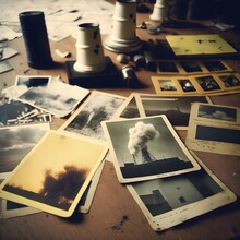 Old Yellowed Polaroids Of Fossile Energy Like Oil Natural Gas Coal Smoke Nuclear Power Lies On An Old Table 