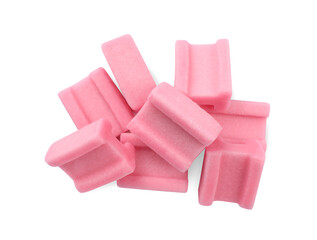 Canvas Print - Tasty pink chewing gums on white background, top view