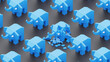 Many blue low poly elephants with one decimated in center. 3d illustration
