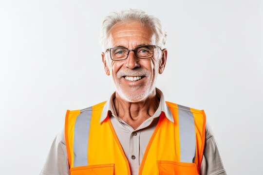 Portrait of happy senior man in safety vest and glasses standing against white background