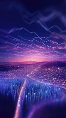 Wall Mural - Abstract background of high speed global data transfer and super fast broadband in futuristic tech city at night - Generative AI illustration
