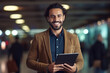 © FutureStock - Smiling handsome middle eastern man with tablet in hands standing in office lobby.