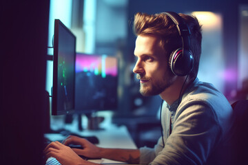 IT programmer working on desktop computer.