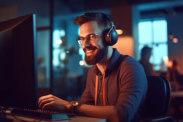 IT programmer working on desktop computer.