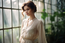 A Beautiful Young Woman In A Lace Dress In An Old Victorian Greenhouse. Photorealistic Illustration Of Generative AI.