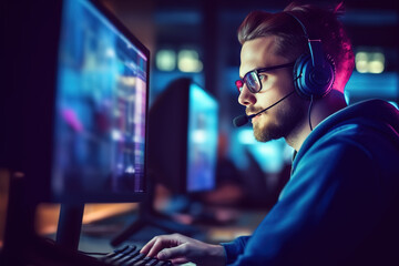 Side view portrait of handsome young man with headset working on computer in IT office.
