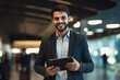 © FutureStock - Happy handsome middle eastern man with tablet in hands standing in office lobby.