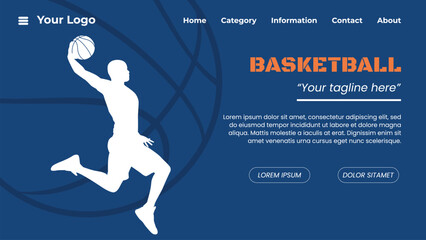 Landing page banner template. Basketball silhouette illustration, Sport interface concept. Vector layout design