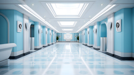  Modern light blue and white corridor in the hospital created with Generative AI