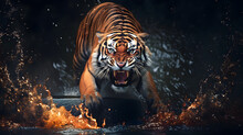 Roaring Tiger Crossing The Stream. AI Generated