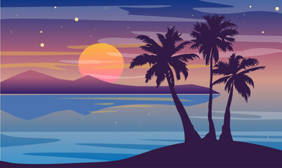 Wall Mural - Cartoon flat panoramic landscape, sunset with the palms on colourful background. Vector illustration.