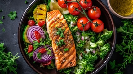 Wall Mural - Grilled salmon fish fillet and fresh green leafy vegetable salad with tomatoes, red onion and broccoli