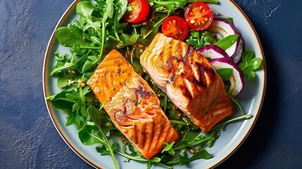Wall Mural - Grilled salmon fish fillet and fresh green leafy vegetable salad with tomatoes, red onion and broccoli